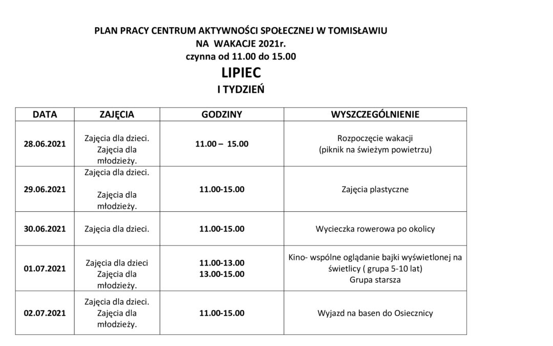 Wakacyjny plan pracy