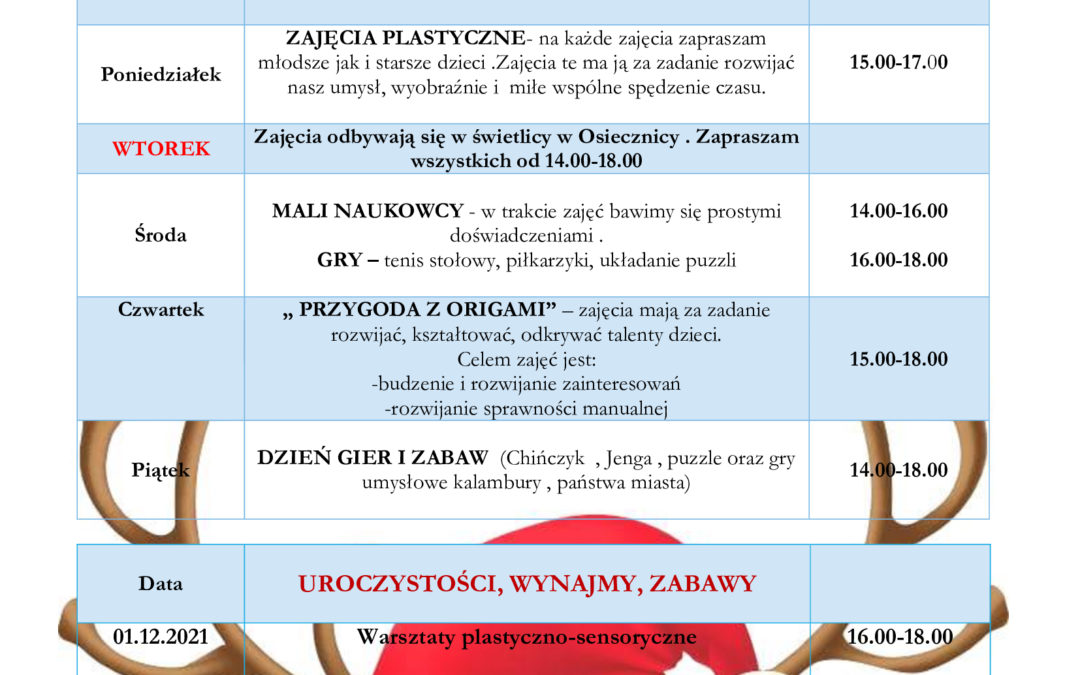 Plan pracy Centrum Aktywności Społecznej w Tomisławiu – Grudzień